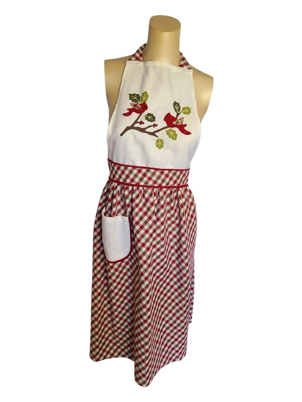 Inspired Treasures Cardinal Gingham Bib Apron Holiday Retro Red Green Plaid - Picture 1 of 8